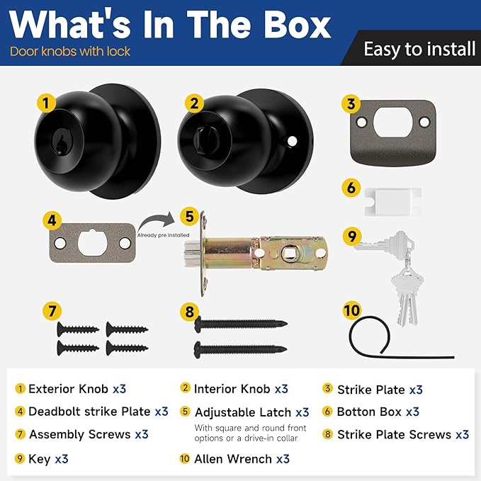 Matte Black Door Knobs with Lock and Key，Exterior and Interior Door Lock for Bedroom, Entry Door Handle for Front Door, Not Keyed Alike, 3 Pack
