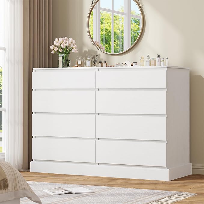 DICTAC 8 Drawers Dresser for Bedroom, White Large Chest of Drawers, Long Modern Double Dressers, Big Clothing Storage Organizer Closet with Ample Space, 51.6''L x 15.7''D x 37.7''H