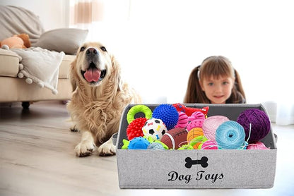 Geyecete dog toy basket Large dog toy bin dog toy box storage box - Foldable Fabric Trapezoid Organizer Boxes with Handle, Collapsible Basket for Dog Toys (Striped Gray-DOG)