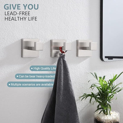 KOKOSIRI Bath Towel Hook Wall Mount Square Robe Hook Coat Hook Bathroom Kitchen Garage Heavy Duty SUS 304 Stainless Steel 3 Pack Brushed Nickel B1010BR-P3