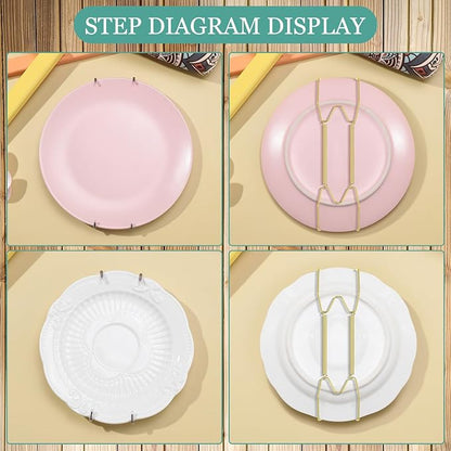 Hotop 12 Pieces Plate Hangers for Wall Stainless Steel Wire Invisible Heavy Duty Plate Hangers Display Holders with 12 Pieces Hooks for Wall Decorative(4-5 Inch,Gold)