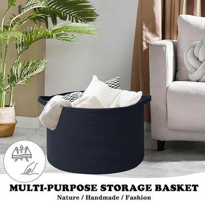 115L Large Blanket Basket,23.6" L x 23.6" W x 15.7" H Rope Woven Baskets with Handles, Toys Storage Bins,Laundry Basket Perfect for Living Room, Nursery,Bedroom,Home Organization,Navy