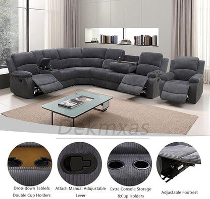 Dark Grey Corduroy Reclining Sectional Sofa Set, Living Room Furniture Sets, Sectional Maunal Recliner Sofa and Chair with Cup Holders, Drop-Down Table,Storage Console for Living Room,Bedroom