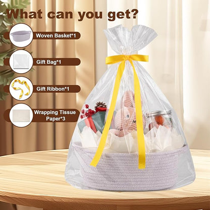 OIAHOMY Gift Basket with Handle, Small Woven Basket with Gift Bag, Ribbon and Wrap Tissue Paper, Nursery Bins Empty to Fill with Small Items, Baby, Pet Toy Organizer - Purple