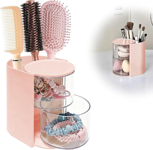 Hair Brush Holder & Hair Accessory Organizer, 2-Layer Clear Hair Accessories Organizer Rotatable Small Jewelry Box for Clip Earring Necklaces, The Latest Gift for A Girl. (pink, "Trumpet") Hair Caddy