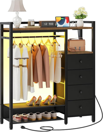 Bedroom Dresser with Clothes Rack, 4 Drawer Dresser with Charging Station and LED Light, Chest of Drawers for Bedroom, Closet Organizer with Hanging Rack and 2-Tier Shoe Rack, Rustic Brown