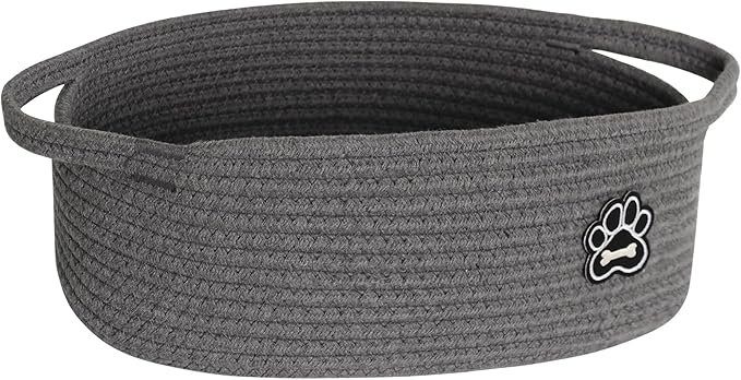 Small Dog Toy Basket, Soft Cotton Rope Dog Cat Toy Bin, Woven Storage Holder for Living Room Nursery, Cats Pet Gift Basket Empty, Decorative Wicker Storage Box with Handle, 13"x 9"x 5" (Grey)