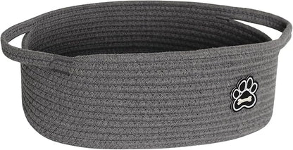 Small Dog Toy Basket, Soft Cotton Rope Dog Cat Toy Bin, Woven Storage Holder for Living Room Nursery, Cats Pet Gift Basket Empty, Decorative Wicker Storage Box with Handle, 13"x 9"x 5" (Grey)