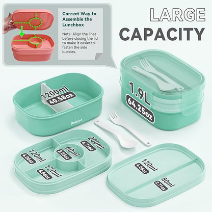 2 Layers Bento Box, All-in-One Stackable Lunch Container with Compartments, 64oz Leakproof Microwave Safe Dishwasher Safe Bento Box with Lunch Bag and Utensil Set for Kids and Adults