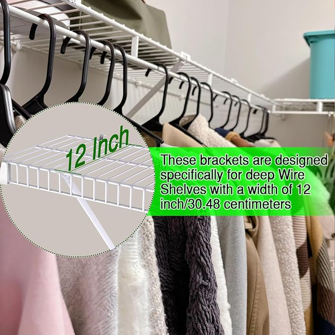 8 Pcs 12 Inch Wire Shelf Brackets, Metal Support Brackets with 10 Wire Shelf Clips and 4 End Brackets, Wire Closet Support Shelving for Closet Shelves Racks and Wardrobe