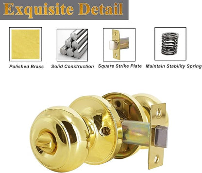Probrico Polished Brass Privacy Door Knobs,Interior Door Knob for Bedroom and Bathroom Keyless Door Locksets, 3 Pack