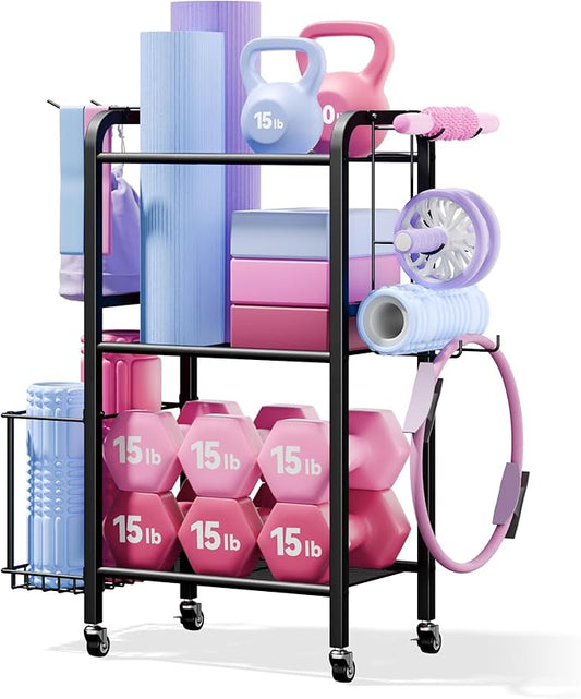 3-Tier Heavy-Duty Home Gym Storage Rack with Hooks and Smooth Wheels for Workout Gear