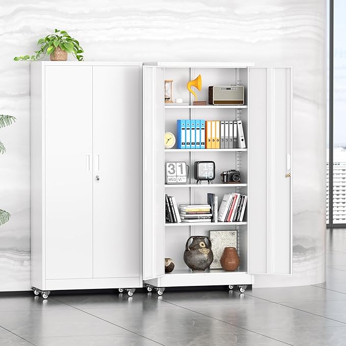 Pataku 73" Metal Storage Cabinet with Wheels, Garage Storage Cabinet with 4 Adjustable Shelves & Lockable Doors for Garage Home Office, Heavy Duty Tool Cabinets（White）
