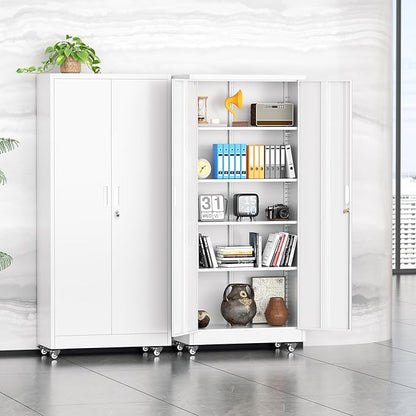 Pataku 73" Metal Storage Cabinet with Wheels, Garage Storage Cabinet with 4 Adjustable Shelves & Lockable Doors for Garage Home Office, Heavy Duty Tool Cabinets（White）