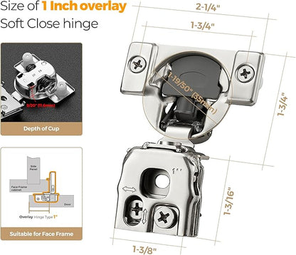 60 Pack 30 Pair 1 inch Overlay Soft Close Hinges for Kitchen Cabinet Hinges Satin Nickel Hidden Hinges Stainless Steel Concealed Hinge self Closing