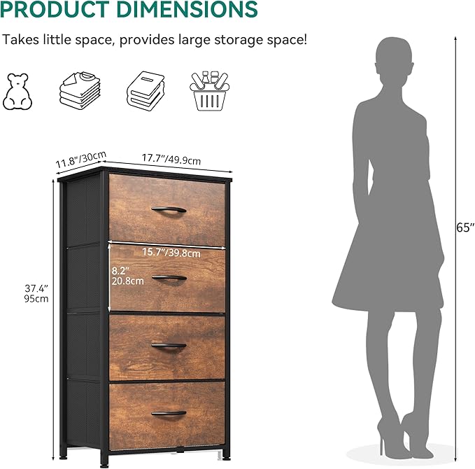 YITAHOME Dresser with 4 Drawers - Fabric Tower, Organizer Unit for Bedroom, Living Room, Closets - Sturdy Steel Frame, Easy Pull Fabric Bins & Wooden Top