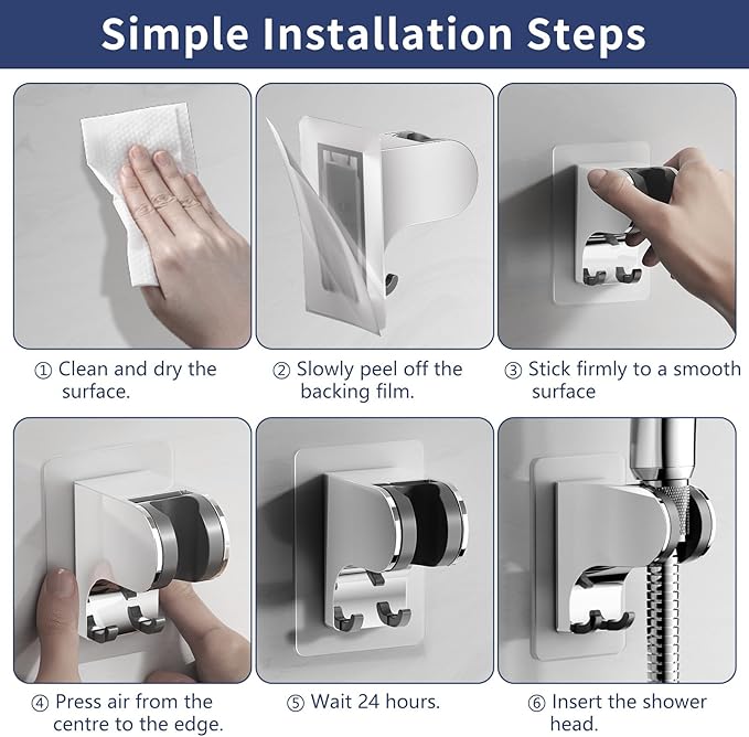 HANLIAN Strong Adhesive Handheld Shower Head Holder Without Drilling, 50° Adjustable Shower Wand Holder Wall Mount with Hooks, Waterproof Hand Held Showerhead Bracket with Hanger(Chrome, 1 Piece)