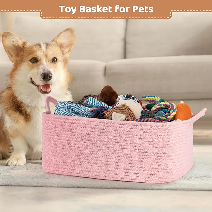 Large Empty Gift Baskets for Baby Shower, 16.5" L x 12.6" W x 7" H Cute Woven Storage Basket with Gift Bags and Ribbons, Small Rope Toy Basket with Handles, Cat Dog Pet Toy Organizer - Pink
