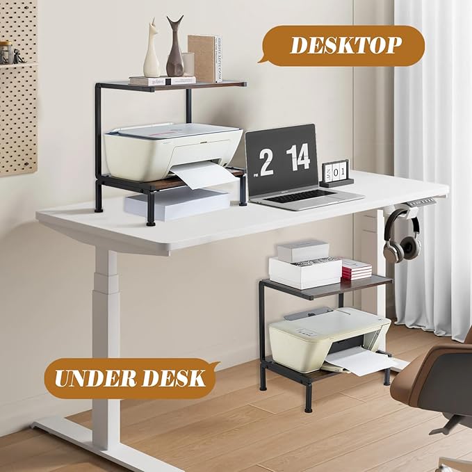 Printer Stand with Storage for Desk, 2 Tier Desktop Printer Stand-Multi-Purpose Desk Organizer, Large Wooden Printer Table for Folders,Books,for Fax Machine, Scanner,Home Office, 3D Printer