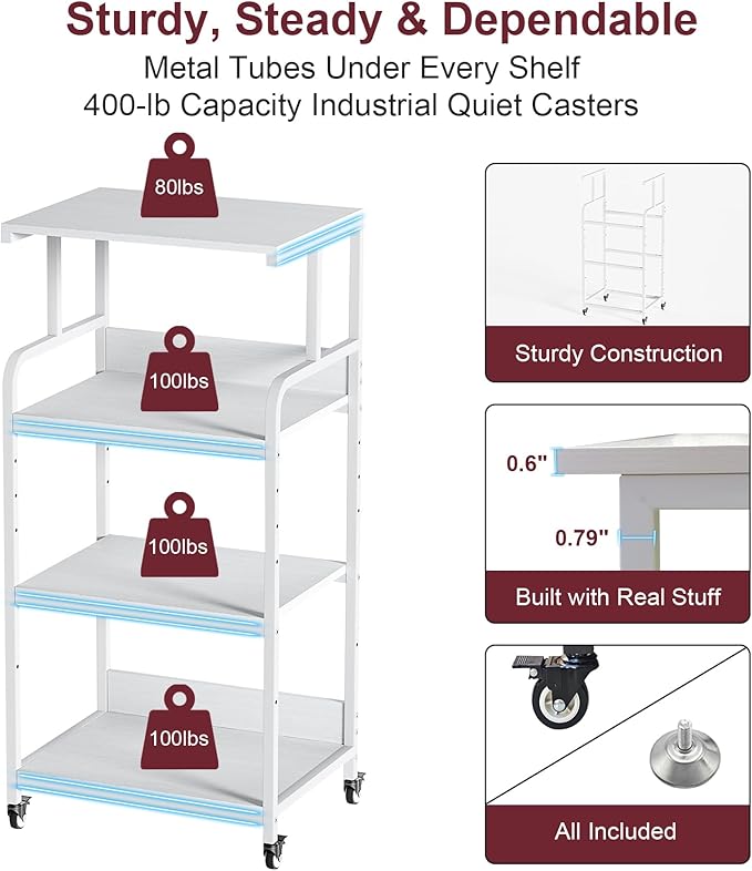4-Tier White Printer Stand with Wheels, Extra Large Tall Printer Table with Storage Shelf, 4 Tier Printer Cart, Home Printer Stands (White)