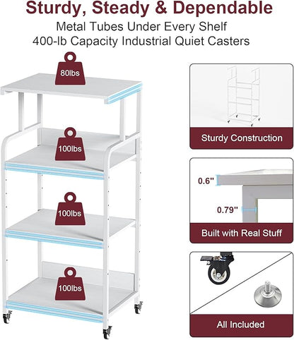 4-Tier White Printer Stand with Wheels, Extra Large Tall Printer Table with Storage Shelf, 4 Tier Printer Cart, Home Printer Stands (White)