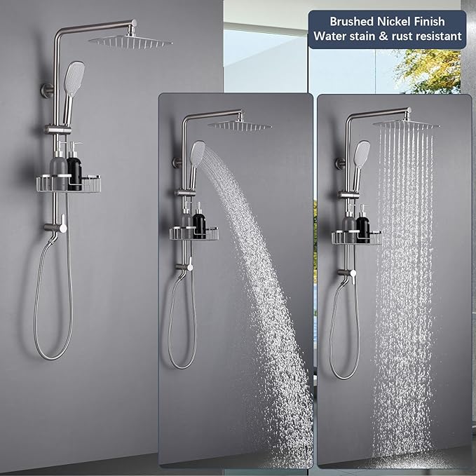 SonTiy Rain Shower Head with Handheld Spray and Shower Shelf, All Metal Shower System Kit with Hand Shower, Height Adjustable Holder and Brass Diverter for Whole Family, 2.5GPM,Brushed Nickel