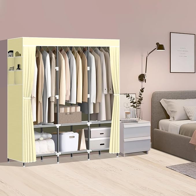 LOKEME Wardrobe Closet,Portable Closet for Bedroom Steel Pipe Diameter 19mm Strong and Sturdy Off White Portable Closets for Hanging Clothes with 3 Hanging rods, 6 Storage Shelves and Side Pocket