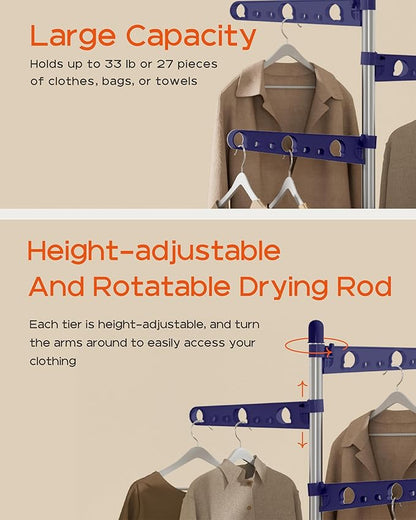 Clothes Drying Rack Foldable, 70.9 inch Tripod Drying Rack for 35 Pieces of Clothes, with Height-Adjustable Rotatable Clothes Rails, Space Saving, Stainless Steel, Blue and Silver CDR005Q01
