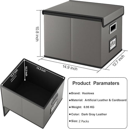 Huolewa File Organizer Boxes with Lids, Collapsible Faux Leather Hanging File Folder Box Organizer with Plastic Slide, Decorative Home/Office Filing System Boxes for File and Folders Storage