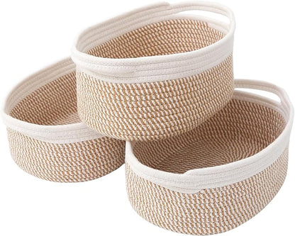 Woven Basket,Small Rope Storage Bin with Handles & Ribbon Bag, Organizer for Shelves Closets,Gift Basket Empty for Birthday,Books,Dog Toys, White&Brown Block/3 Pack