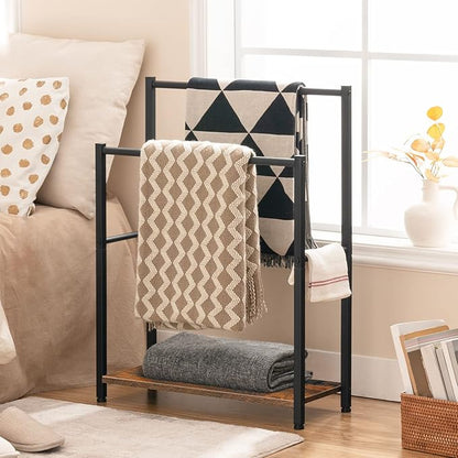 HOOBRO Free Standing Towel Rack for Bathroom, 22" L x 9.4" W x 31.5" H, 2 Tier Blanket Rack, Blanket Holder, Drying and Display Rack with Shelf, Rustic Brown and Black BF04LB01