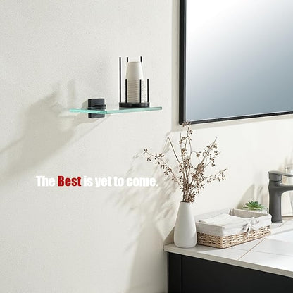 JQK Bathroom Glass Shelf Black, Tempered Glass Shower Storage 8 by 5 inches, 304 Stainless Steel Matte Black Wall Mount, TGS201L8-PB