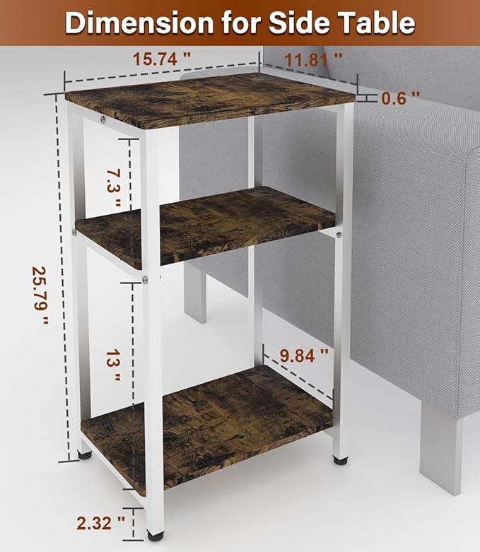 3 Tier Side Table, Heavy Duty End Table with Shelves, Narrow Nightstand Table for Small Spaces, Record Player Table for Bedroom, Living Room, Sofa Couch - Rustic Brown & White