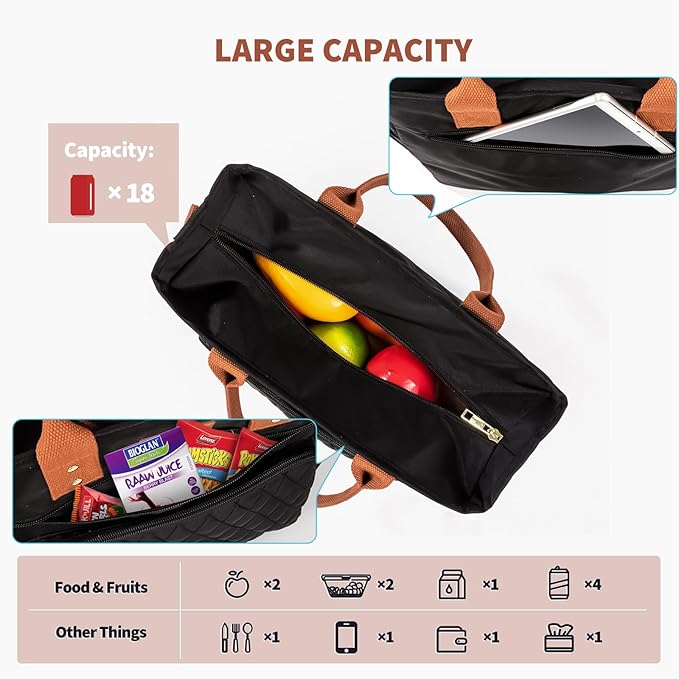 Large Women Lunch Bags for Work Insulated/Insulated Adult Lunch Box for Women/Durable Nylon Thermal cooler Bag /Leakproof Cooler Tote Bag with Storage Pocket(Newly upgraded Noir Black Brown strap)