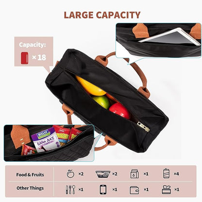 Large Women Lunch Bags for Work Insulated/Insulated Adult Lunch Box for Women/Durable Nylon Thermal cooler Bag /Leakproof Cooler Tote Bag with Storage Pocket(Newly upgraded Noir Black Brown strap)
