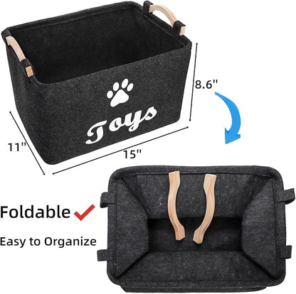 2 Pack Pet Toy Basket, Felt Collapsible Dog Toy Bin Box with Wooden Handles, Large Pet Supplies Storage Organizer for Toys, Blankets, Leashes, Clothing, 15" x 11" x 8.6''