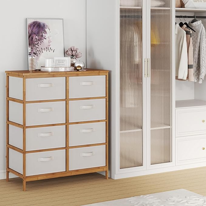 Giantex 8 Drawers Dresser for Bedroom, Bamboo Fabric Storage Tower with Removable Fabric Bins, Chest of Drawers, Storage Organizer for Closet Living Room Hallway (16" D x 31.5" W x 37" H)