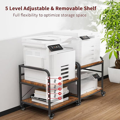 TFK 2 Tier Large Printer Stand with Storage, 20 x 20 Inch Under Desk Printer Table with Adjustable Shelf, Rolling Printers Cart for Home Office, Fits Fax /3D Printer/Scanner, Brown