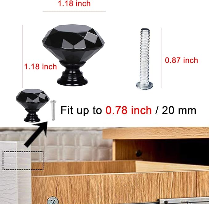 YourGift 12 Pack Drawer Knobs Diamond Shaped Crystal Glass 30mm Cabinet Knobs Pull Handles (30 mm, 12 Pack, All Black)