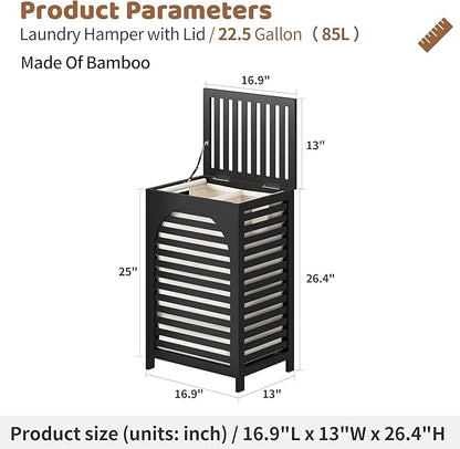 FILWH Laundry Hamper with Lid (16.9 * 13 * 26.5inches) Large Bamboo Laundry Bin Basket 85L Clothes Hamper with 1 Removable Bag Storage baskets for Bathroom(Black)