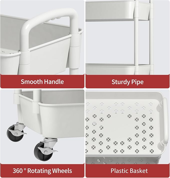 Sywhitta 4-Tier Plastic Rolling Utility Cart with Handle, Multi-Functional Storage Trolley for Office, Living Room, Kitchen, Movable Storage Organizer with Wheels, White
