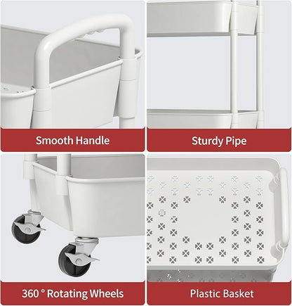 Sywhitta 4-Tier Plastic Rolling Utility Cart with Handle, Multi-Functional Storage Trolley for Office, Living Room, Kitchen, Movable Storage Organizer with Wheels, White