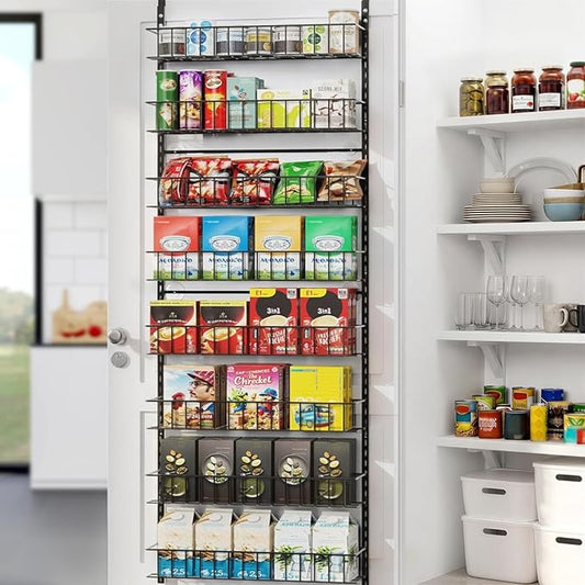 8-Tier Pantry Door Oragnizer, Over The Door Pantry Organizer Rack and Storage, Hanging Spice Rack Shelves Door, Home Office Laundry Room Bathroom & Kitchen Organization Essentials Metal