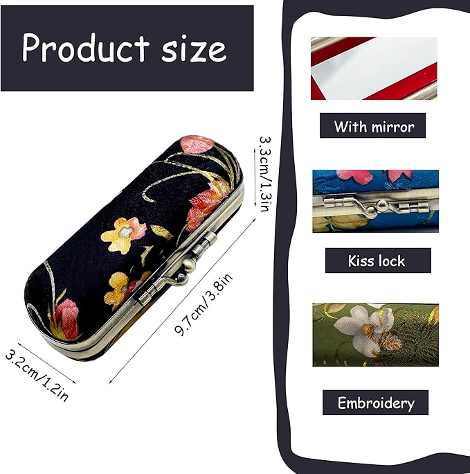 MIAO JIN Lipstick case with mirror Lipstick Holder Storage Bag Kiss lock of iron Mini portable Vintage floral pattern jewelry cosmetic Case (Black)