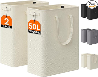 Lifewit 2 Pack Slim Laundry Hamper, Collapsible Narrow Laundry Basket, Small Tall Dirty Clothes Hampers with Handles for Bathroom Bedroom College Dorm, White, 50L