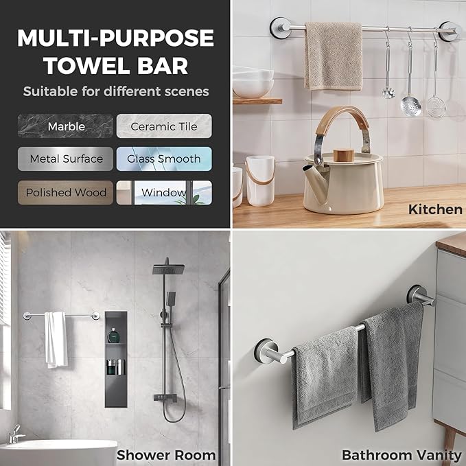 Adjustable Suction Cup Towel Bar for Bathroom Wall,17 Inch~29 Inch Towel Racks for Bathroom,Stainless Steel Bath Towel Holder for Shower,2 Pack(Brushed Silver)