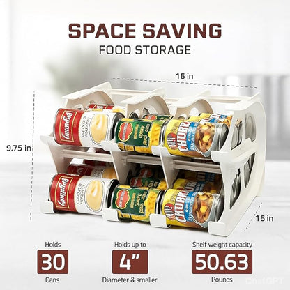 FIFO Countertop Mini Can Tracker Holds 30 Standard 10-24 Oz Can Sizes, White| Stackable & Adjustable Can Organizer for Pantry, USA Made, White