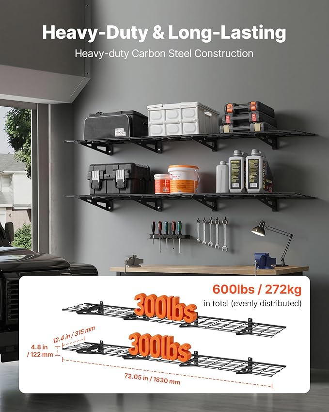 VEVOR 2-Pack Heavy Duty Garage Wall Shelving, 1 x 6 ft Steel Wall Mounted Shelving Unit, 12 x 72 Inch Per Shelf Floating Storage Metal Rack for Garage with 600 lbs Total Weight Capacity