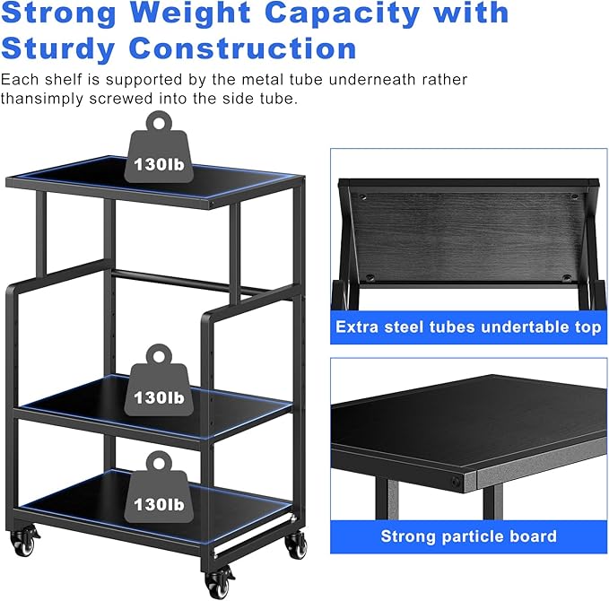 Printer Stand, 3 Tier Mobile Printer Table for Home Office, 21.3 x 15.7 Inch Rolling Height Adjustable Storage Shelf, Printer Cart with Wheels for Heat Press Scanner Fax, Black