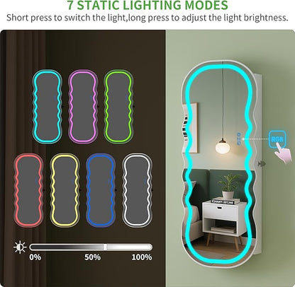 HNEBC LED Mirror Jewelry Cabinet with RGB Lights,42.5" Wall Mounted Jewelry Organizer with Full-Length Mirror,Over The Door Hanging Jewelry Armoire Storage Cabinet,Lockable,Wide Wavy Mirror